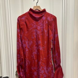 NWT Medium Free People Red and Purple Floral Mini Dress with Bell Sleeves